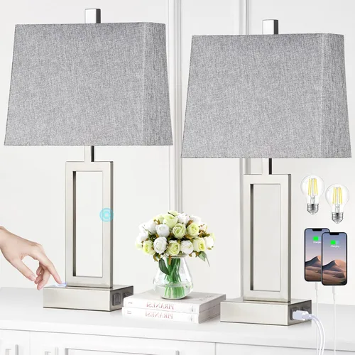 Miniatura 10 de Rinweey Juego de 2 lámparas de mesa de 23.5 pulgadas, modernas lámparas de noche negras con 2 puertos USB y salida de CA, lámparas de mesita