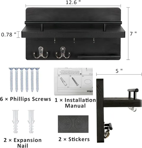 Miniatura 4 de OurWarm Soporte para llaves de pared con 5 ganchos para llaves, para colgar en la pared, con estante para llaves y correo, organizador de correos