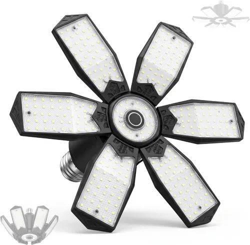 Bombilla LED para garaje AYSEMO de 15000 lm - Luces LED de techo ajustables en 360° con 6+1 paneles deformables, 6500 K de luz diurna, base con