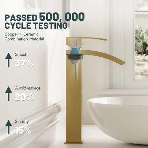 Miniatura 5 de Grifo de lavabo de vaso en oro cepillado, grifos de baño estilo cascada, grifos de baño de una sola manija y un solo agujero de boquilla alta