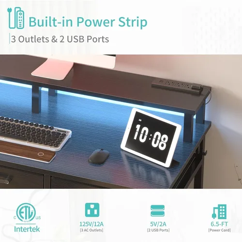 Miniatura 7 de Lufeiya Escritorio para juegos con luces LED y tomas de corriente, escritorio de oficina en casa de 47 pulgadas con soporte para monitor y estantes