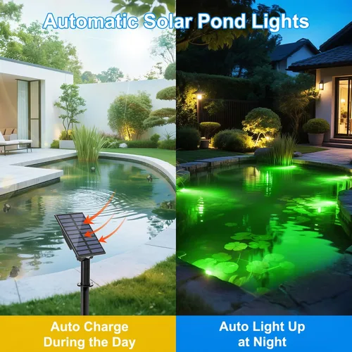 Miniatura 5 de T-SUN Luces solares para estanque, 2 focos LED RGB, luces sumergibles bajo el agua, luz solar para tanque de peces para fuente de jardín, estanque