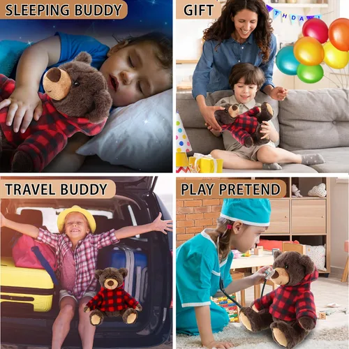 Miniatura 4 de DolliBu Oso marrón de felpa con capucha a cuadros rojos, oso suave y abrazable, adorable peluche de oso marrón del zoológico, bonito regalo