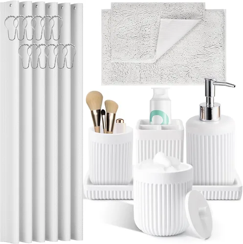 Miniatura 18 de XLHOMO Juego de accesorios de baño de resina beige de 5 piezas, dispensador de jabón y loción, soporte para cepillo de dientes, vaso de baño, porta