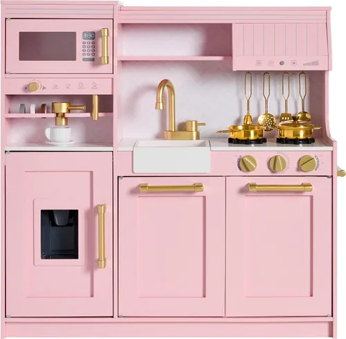 Best Choice Products Cocina de juego de simulación para niños, juego interactivo de madera para niños pequeños con máquina de espresso, Rosa