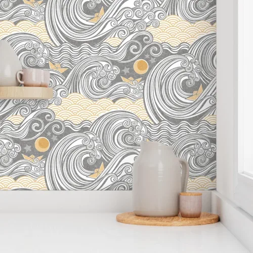 Miniatura 8 de Spoonflower Papel tapiz para despegar y pegar, diseño de bloques de aventura marina, olas, origami, barco, náutico, japonés, papel pintado extraíble