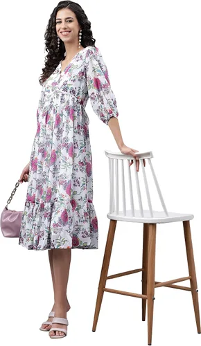 Miniatura 4 de Janasya Vestido acampanado con estampado digital Georgette blanco para mujer india