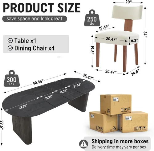 Miniatura 2 de Juego de mesa de comedor ovalada extensible de 59 a 90 pulgadas con 4 sillas de comedor con respaldo en T para 4 personas, moderna mesa de comedor
