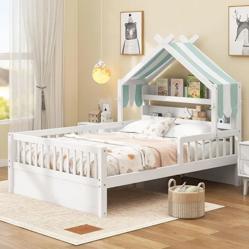 Miniatura 24 de VilroCaz Moderna cabecera de almacenamiento de cama de tamaño individual y barandilla de seguridad para niños, base de cama de plataforma de madera