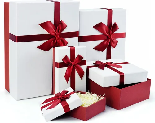 Caja de regalo para regalo, juego de 5 cajas de regalo con tapas, cajas resistentes y elegantes para regalos, cajas de regalo rojas con cinta para
