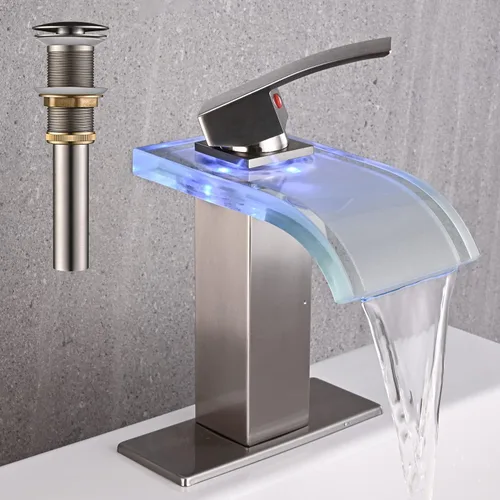 AVSIILE Grifo de lavabo de baño LED, cascada de níquel cepillado, mango de un solo agujero, 1 agujero con drenaje desplegable de metal y 2 líneas de