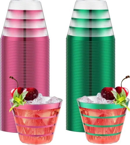 Miniatura 13 de Gejoy 100 vasos de plástico de 9 onzas con borde de Navidad a rayas, desechables a granel, vasos de plástico duro para beber, vasos para bodas, Rojo