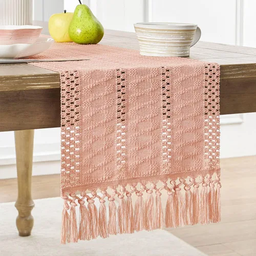 Miniatura 18 de ZeeMart Camino de mesa bohemio estilo macramé, caminos de mesa blancos de 108 pulgadas de largo, decoración del hogar tejido de granja, 12 x 108