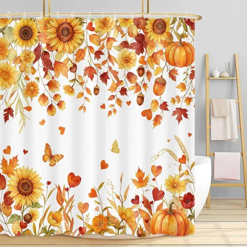 Miniatura 9 de Boho Fall Pumpkin Bow Shower Curtain for Bathroom, Waterproof Thanksgiving Harvest Autumn Bath Curtain with Hooks, Washable Privacy Curtain for Kids
