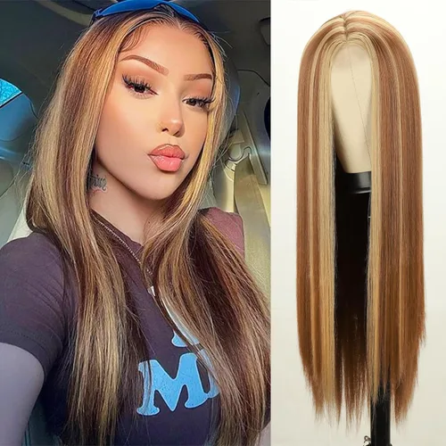 Xinran Pelucas rubias degradadas para mujer, peluca larga y lacia marrón rubia, mezcla de área pequeña, encaje frontal, reemplazo de línea capilar