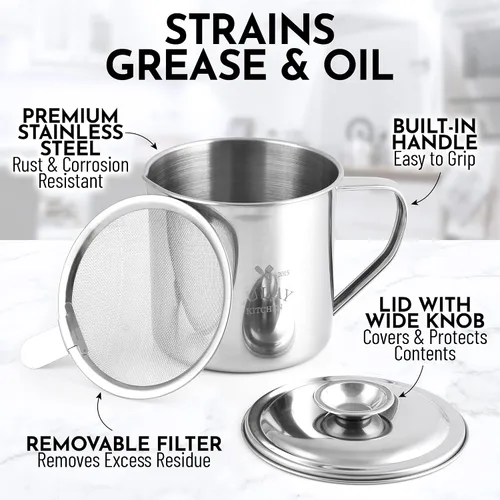 Miniatura 3 de Zulay Recipiente de grasa de tocino con colador, tapa y asa, grande, acero inoxidable de 1 litro, perfecto para cocina, almacenamiento de ghee