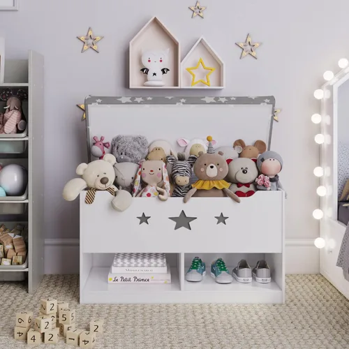 Miniatura 3 de Sturdis Caja de juguetes para niños, color gris y blanco con asiento de banco de almacenamiento de cojines, baúl de almacenamiento de juguetes