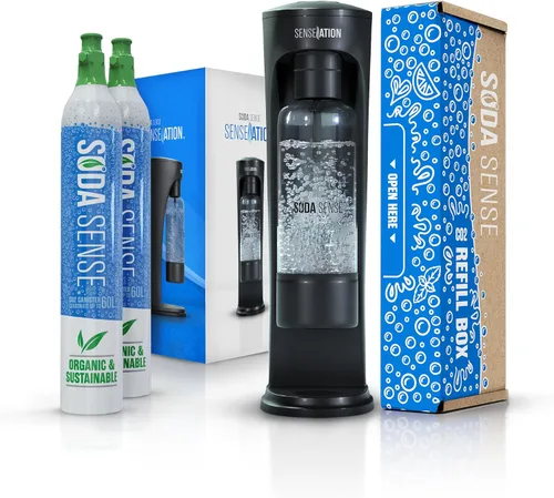 SENSEation Máquina de Soda Accesorios de Cocina, Nuevos Artículos Esenciales para el Hogar - Juego de Máquina de Agua con Gas con 2 Cartuchos de CO2