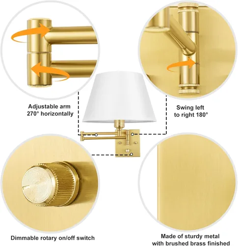 Miniatura 5 de TRLIFE Aplique de pared regulable con control remoto, temperatura de color ajustable de 2700K a 6500K, luces de pared con brazo oscilante de latón