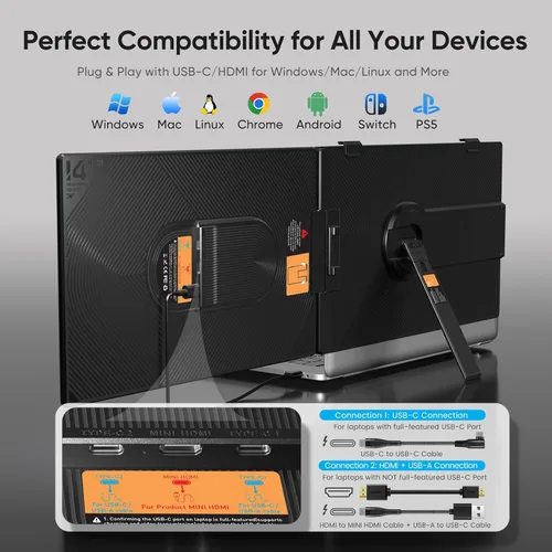 Miniatura 6 de Extensor de pantalla para laptop, monitor de pantalla dual FHD 1080P de 14 pulgadas para portátil, monitor portátil ultraligero con USB-C/HDMI, Plug