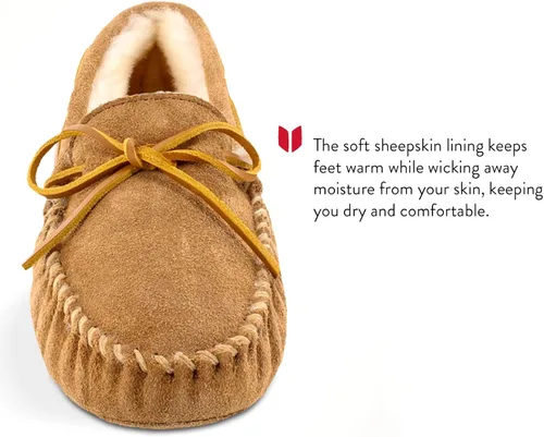 Miniatura 3 de Minnetonka Pantuflas tipo mocasín de piel de oveja suave para hombre, Tan dorado