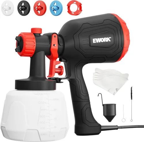 EWORK Pulverizador de pintura de 1000 W HVLP pistola de pintura eléctrica, 180 Din/s, sin adelgazamiento, capacidad de 47.3 fl oz, 4 boquillas y 3