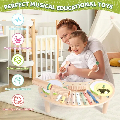 Miniatura 5 de Asweets Juego de batería 7 en 1 para niños pequeños, xilófono de madera, kit de instrumentos musicales, juego para niños pequeños, juego de batería