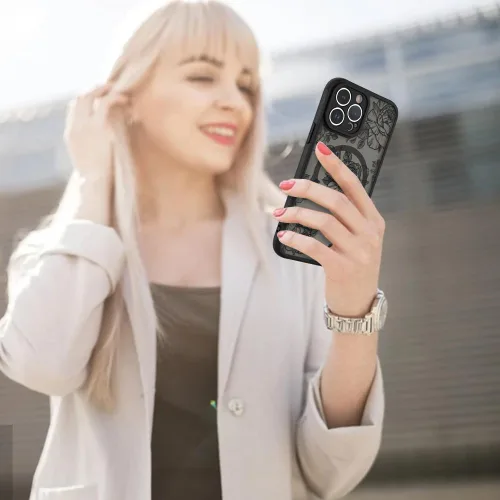 Miniatura 6 de AIGOMARA Funda para iPhone 13 Pro Max [compatible con MagSafe] Diseño de patrón floral de flores negras para mujeres y niñas, TPU suave, parte