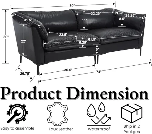 Miniatura 2 de EALSON Leather Cloud - Sofá biplaza de 2 plazas, sofá modular de mediados de siglo moderno y cómodo con funda extraíble y patas de metal para Negro