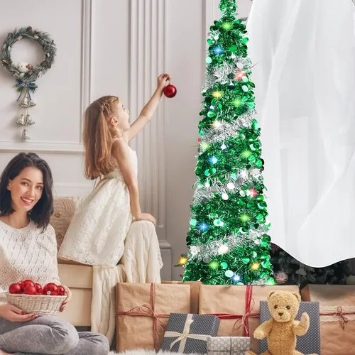 Miniatura 4 de Árboles de Navidad de 5 pies con 90 luces coloridas, árbol de Navidad plegable de lentejuelas artificiales, árbol de Navidad de oropel alto y Plata