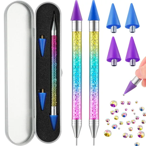 Miniatura 15 de 2 piezas de lápiz de cera con punta de diamante de imitación y pluma de punteado, selector de gemas de diamante de imitación de doble punta, lápiz