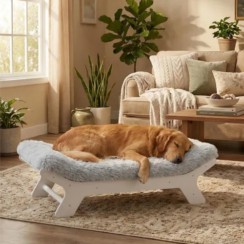 Miniatura 13 de Muihood Marco de cama elevado de madera para perro y colchón de espuma para jaula de huevos, lujoso adecuado para mascotas de hasta 45 libras