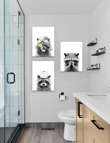 Miniatura 4 de Adorable póster artístico de mapache para baño, divertido póster de decoración de pared en blanco y negro, impresiones en lienzo de animales lindos