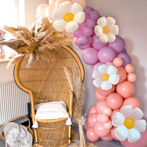 Miniatura 2 de Sweet Baby Co. - Guirnalda de globos de margaritas con decoración de fiesta de cumpleaños retro hippie, globos de flores, 18, 10, 5 pulgadas, rosa