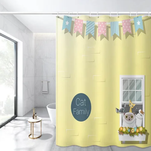 Miniatura 5 de Divertida cortina de ducha de gatos para niños, decoración de baño en poliéster con 12 ganchos de metal, cortina de ducha azul claro para niños, 78