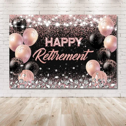 Miniatura 6 de MEHOFOND Telón de fondo para fiesta de jubilación, color oro rosa y plateado, felicitaciones de retirada, fotografía de fondo, globos con purpurina