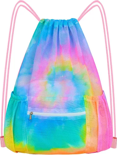 Mochila de malla con cordón, bolsa de gimnasio deportiva grande para mujeres y niños con bolsillo y cremallera para playa, yoga, fútbol, fútbol,