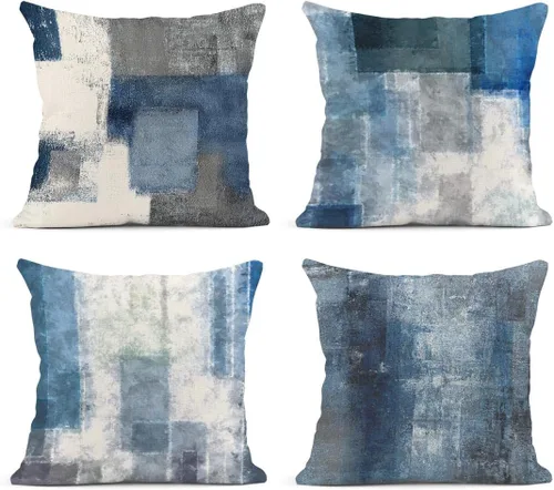 Emvency Juego de 4 fundas de almohada de color azul y gris y blanco, ilustraciones abstractas modernas, contemporáneas, decorativas, grises, para