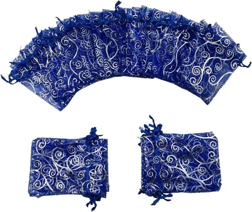 Miniatura 6 de 100 unidades por paquete, bolsas de envoltura de regalo de 5 x 7 pulgadas, ratán azul, tela transparente de organza, bolsas con cordón para regalos