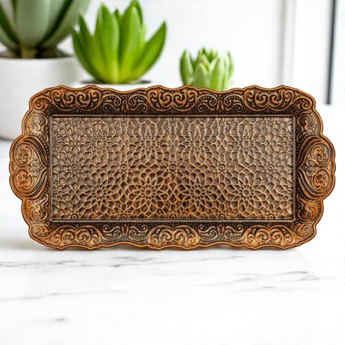 Miniatura 4 de Alisveristime Bandeja pequeña de metal ornamentado para servir – Bandeja decorativa con motivo otomano (14.2 x 7.1 pulgadas, 10.8 onzas)