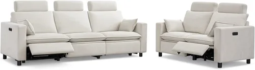 Sofá reclinable eléctrico de gran tamaño, sofá reclinable de chenilla blanco crema con reposacabezas ajustable, almohadas, juego de muebles