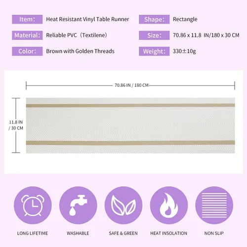 Miniatura 3 de FAVE Camino de mesa de vinilo tejido blanco Camino de mesa tejido con hilos dorados 72x12 pulgadas resistente al calor limpiable Manteles de mesa