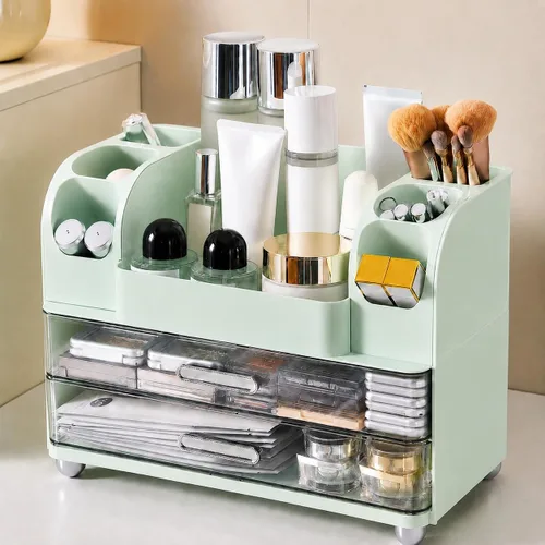 Miniatura 10 de Organizador de maquillaje con 2 cajones, vitrina de cosméticos, soporte de almacenamiento para tocador, mostrador de baño, escritorio, suministros