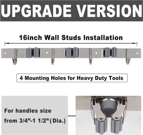 Miniatura 3 de Soporte para trapeador de escoba de montaje en pared, organizador de metal para almacenamiento de garaje, jardín, cocina, herramientas con 4 Plata