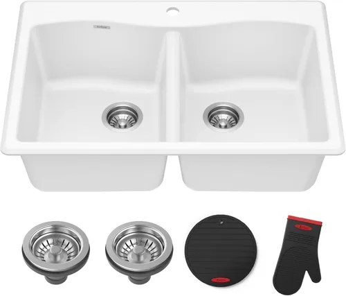 Miniatura 16 de Kraus Forteza - Fregadero de cocina de doble seno 50/50 de granito de instalación empotrada/sobre encimera, 33 pulgadas, color negro (KGD-52BLACK)