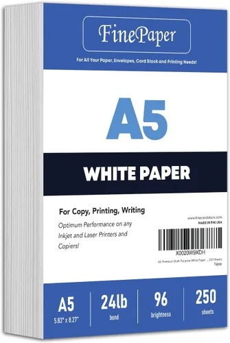 Papel blanco multiusos A5 de alta calidad, 24 libras (90 GSM), para copia, impresión, escritura, 5.83 x 8.27 pulgadas (5.827 x 8.268 in, mitad de