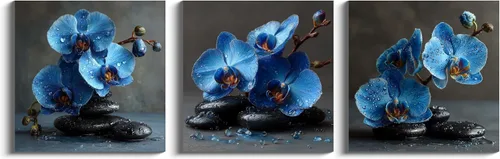 Miniatura 2 de NAN Wind 3 piezas de arte de pared de orquídea azul, piedras de spa zen, impresión en lienzo, gotitas de agua, naturaleza muerta, botánica