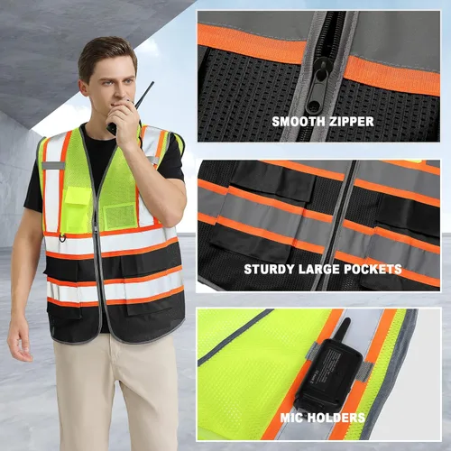 Miniatura 5 de BeautyWill Chalecos de seguridad de alta visibilidad clase 2 con certificación ANSI Chaleco de trabajo de seguridad con cremallera frontal