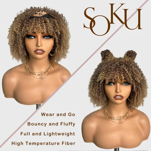 Miniatura 4 de SOKU Peluca de cabello corto rizado para mujeres negras, peluca corta rizada con flequillo, 10 pulgadas, rubia, resistente al calor, para mujer