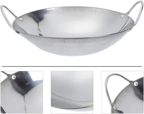 Miniatura 4 de Yardwe Wok Sartén de acero inoxidable Stir Fry Sartenes de 8 pulgadas Olla caliente de hierro Sartén de hierro de doble mango Olla de cocina china